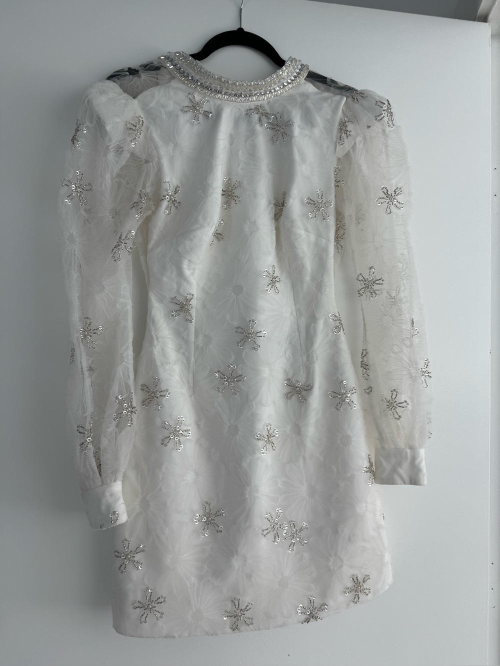Embellished White Long-Sleeve Mini Dress